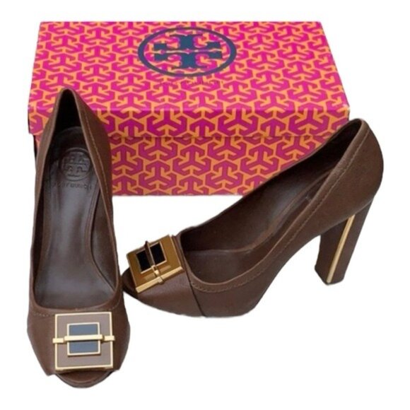 Tory Burch Peep Toe Quentin Landed Capra Fig Brown Leather Heels Size 8.5 - Picture 1 of 12